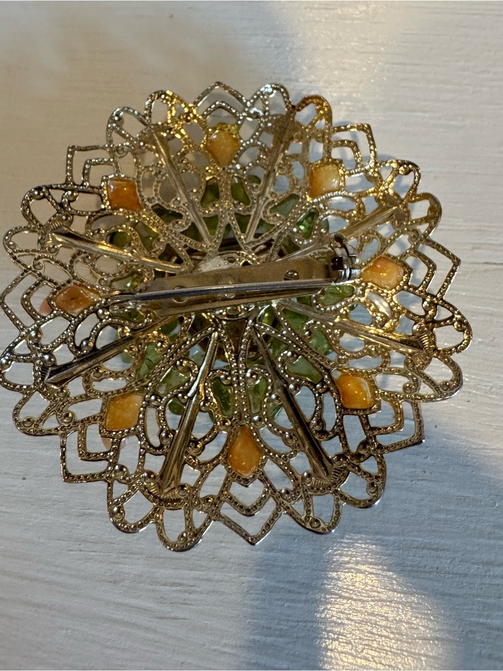 Gold Filigree Floral Brooch with Peach and Green Accents - Picture 8 of 9